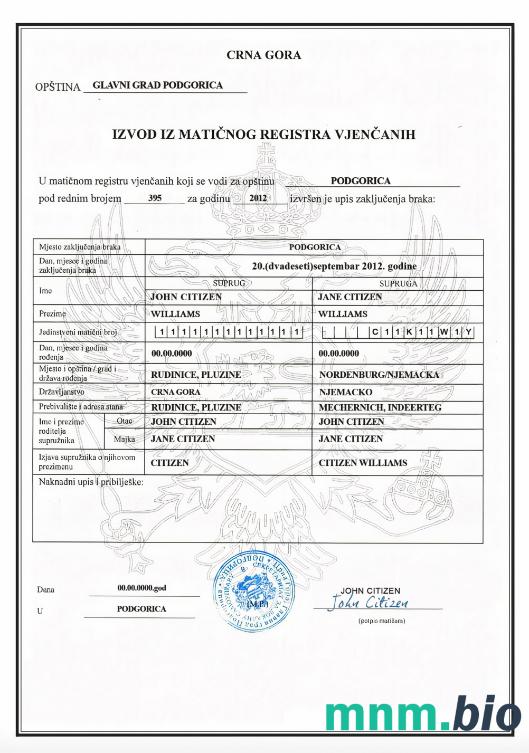 MONTENEGRO (Crna Gora) akt małżeństwa